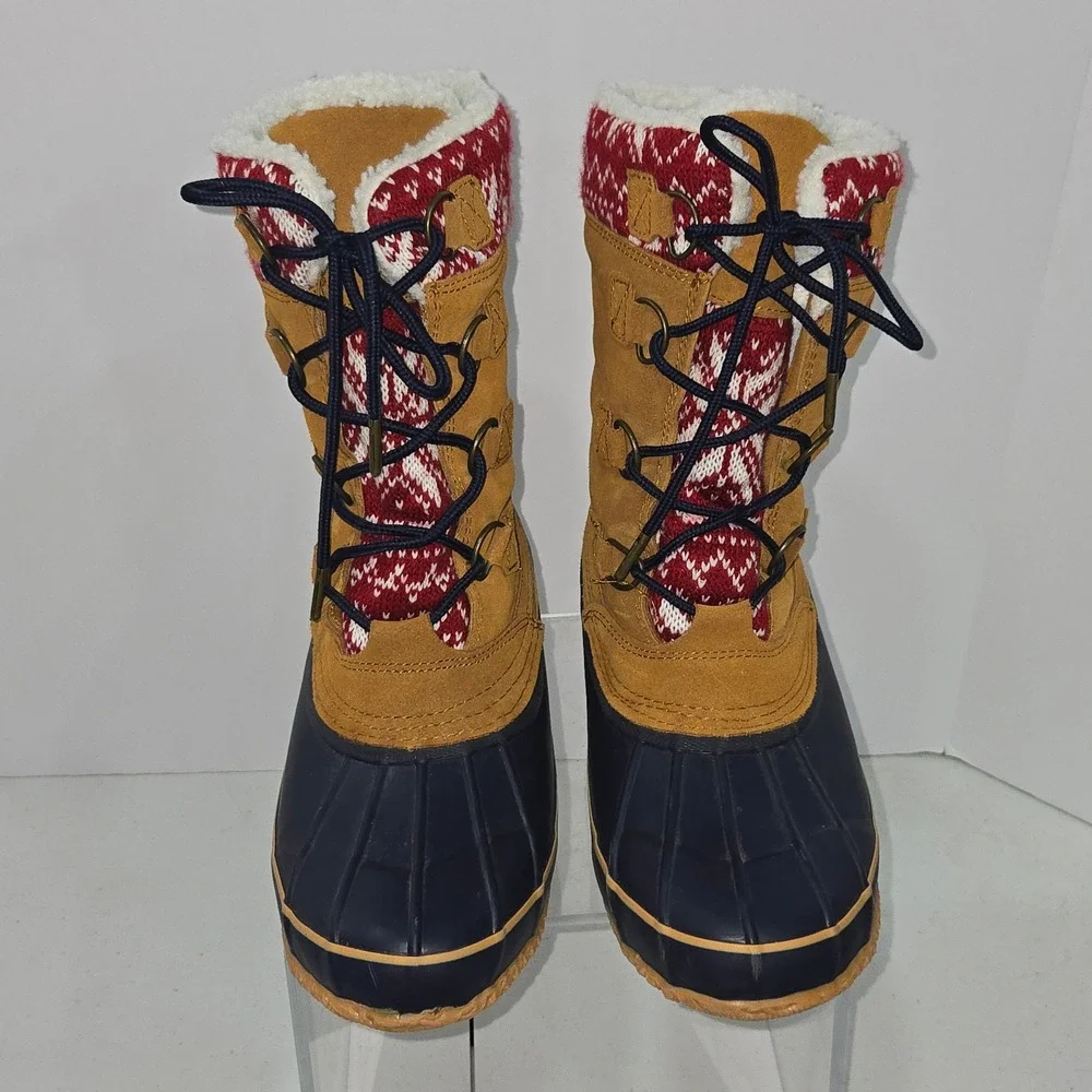 Khombu Vail Womens 9.5 Duck Boots Tan Leather Faux Fur Red White Sweater Trim